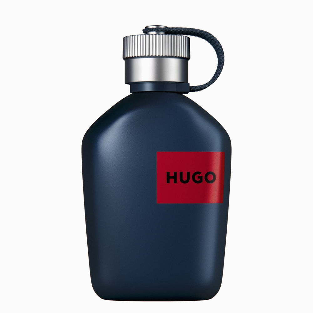 Matte denim-blue 125 ml eau de toilette bottle with silver cap and textile strap