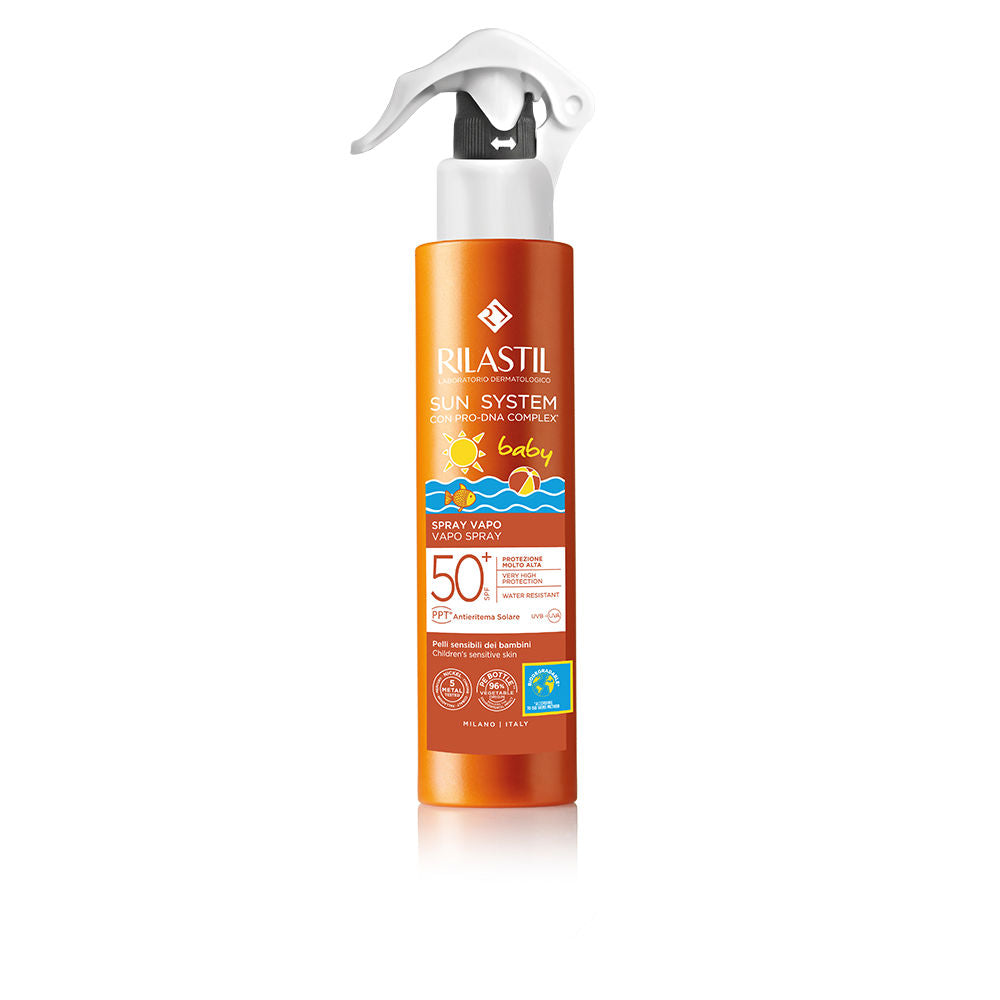 Rilastil Baby Spray SPF50+ continuous mist—transparent, protective sunscreen for infants