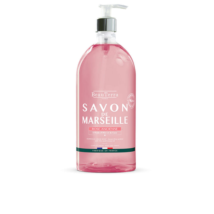 Tall 1 L pump bottle of pale pink liquid soap with olive and rose ingredients