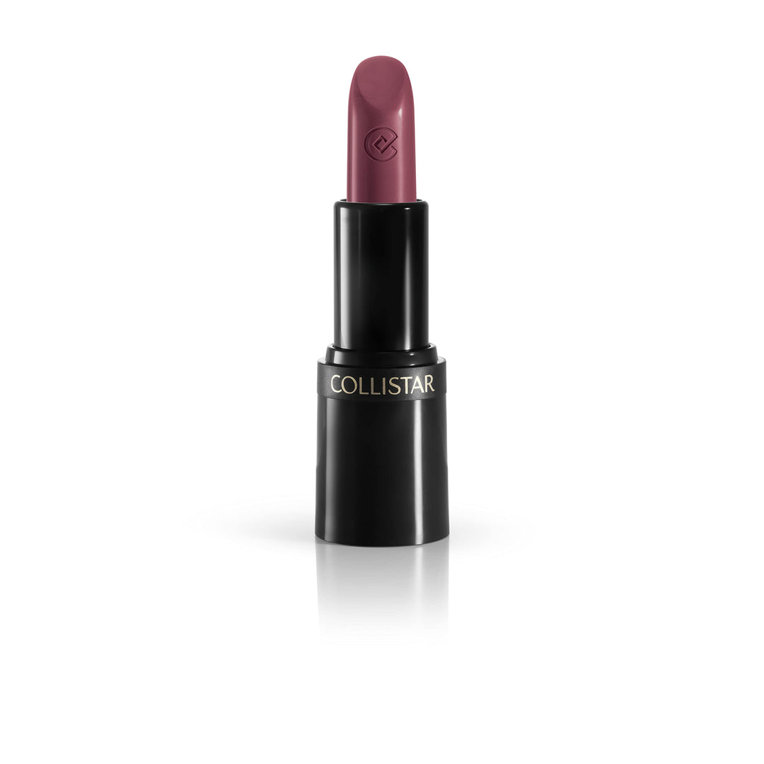Slim black tube lipstick, warm mauve cream finish, tapered tip, 3.5 g