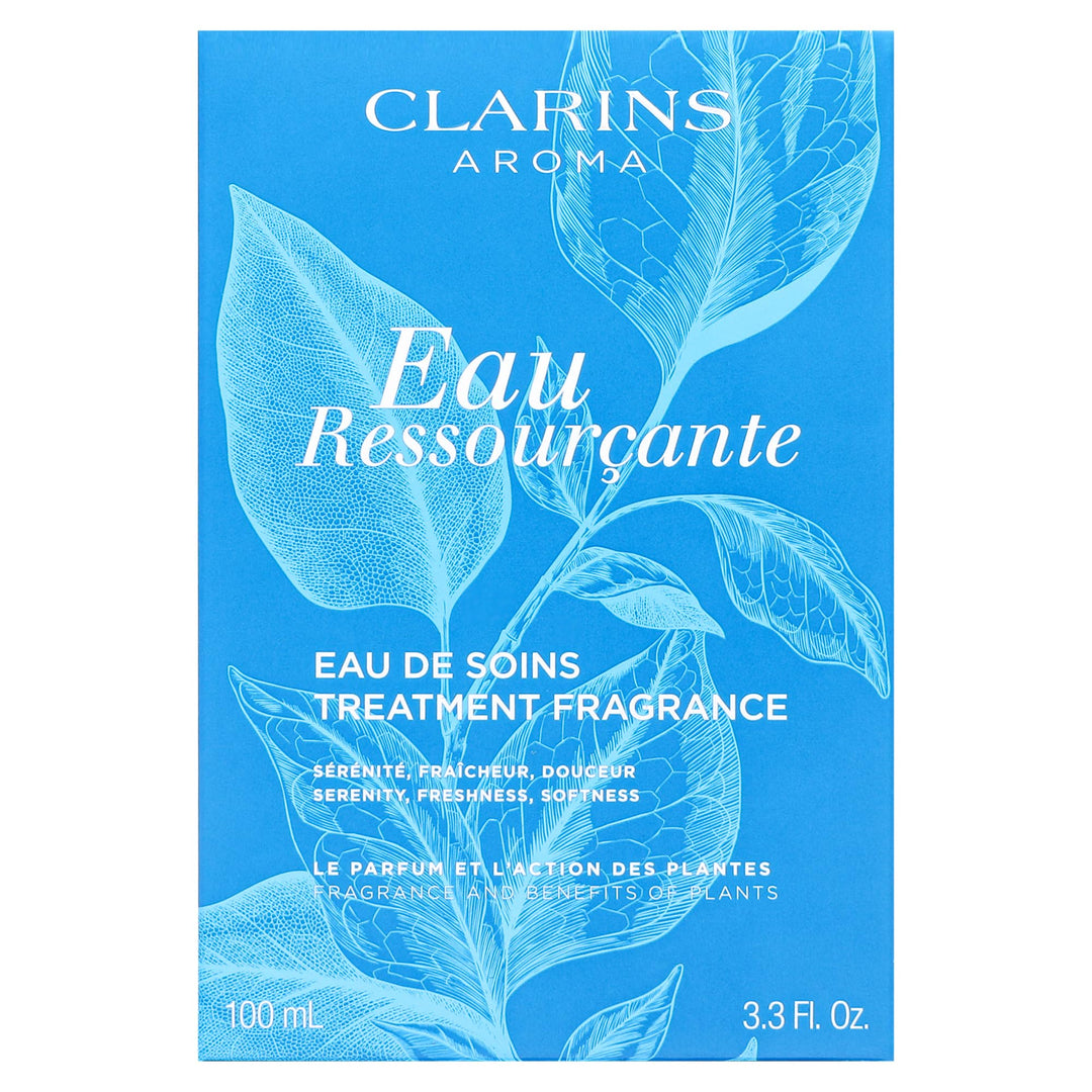 Dark blue elegant perfume bottle labeled Eau Ressourçante, floral-woody fragrance