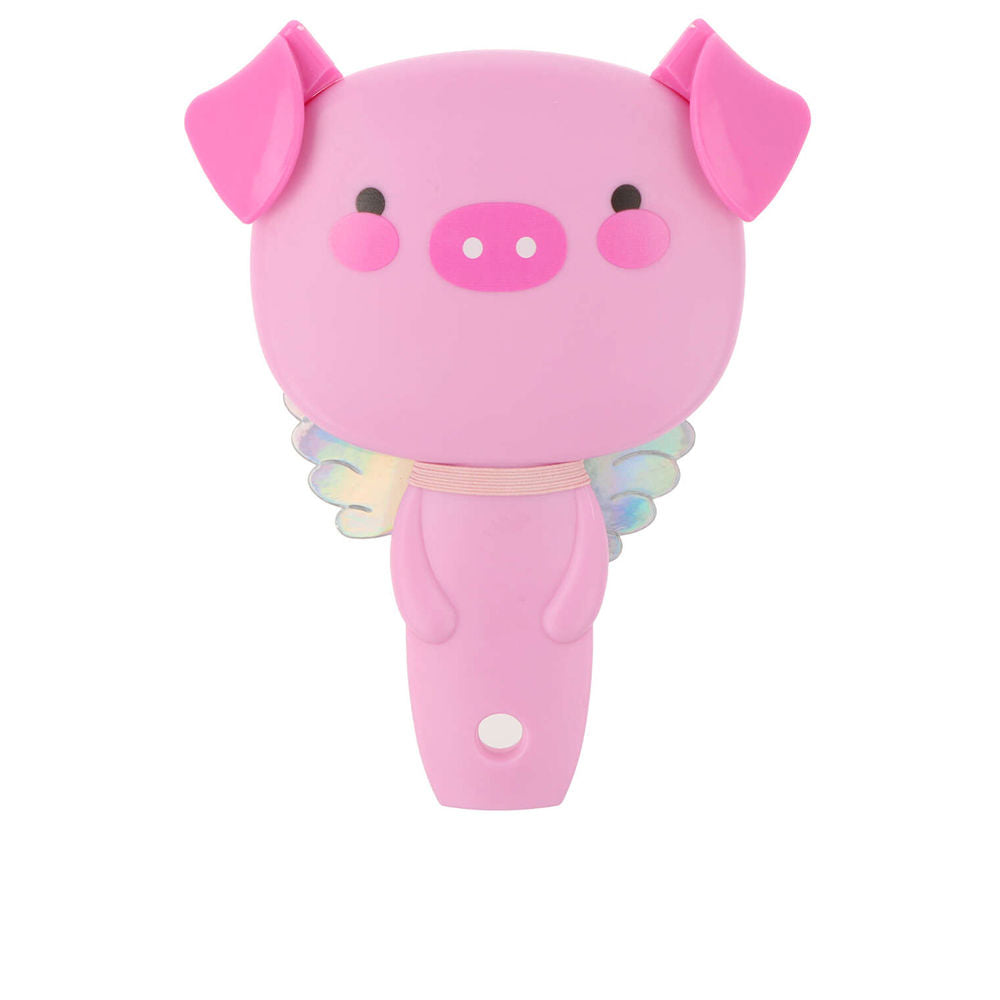 Inca Pink plastic piglet hairbrush with pig face, ears, wings and handle, small hole at bottom