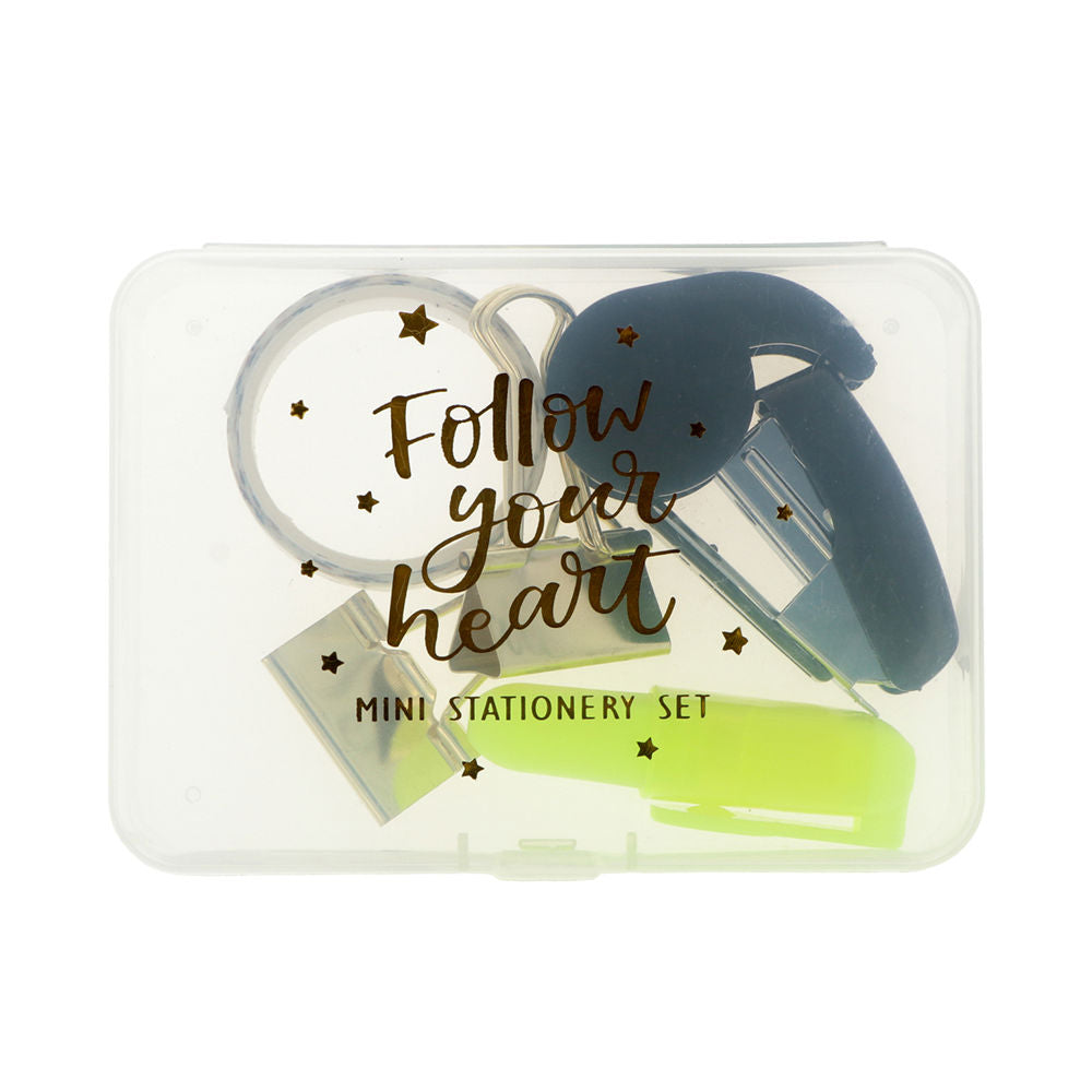 Clear acrylic box containing highlighter, two gold clips, mini stapler and gold tape dispenser
