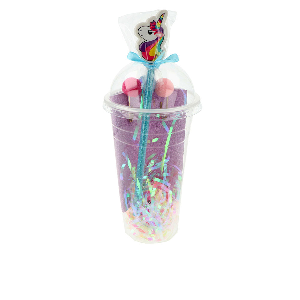 Cylindrical paper stationery tin with lid and included pencil, notebook and stickers