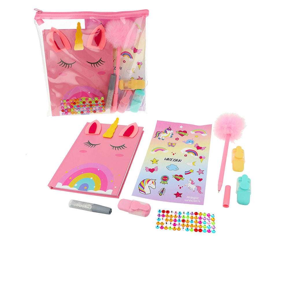 Display of 12 clear unicorn-themed stationery pouches with notebook and markers