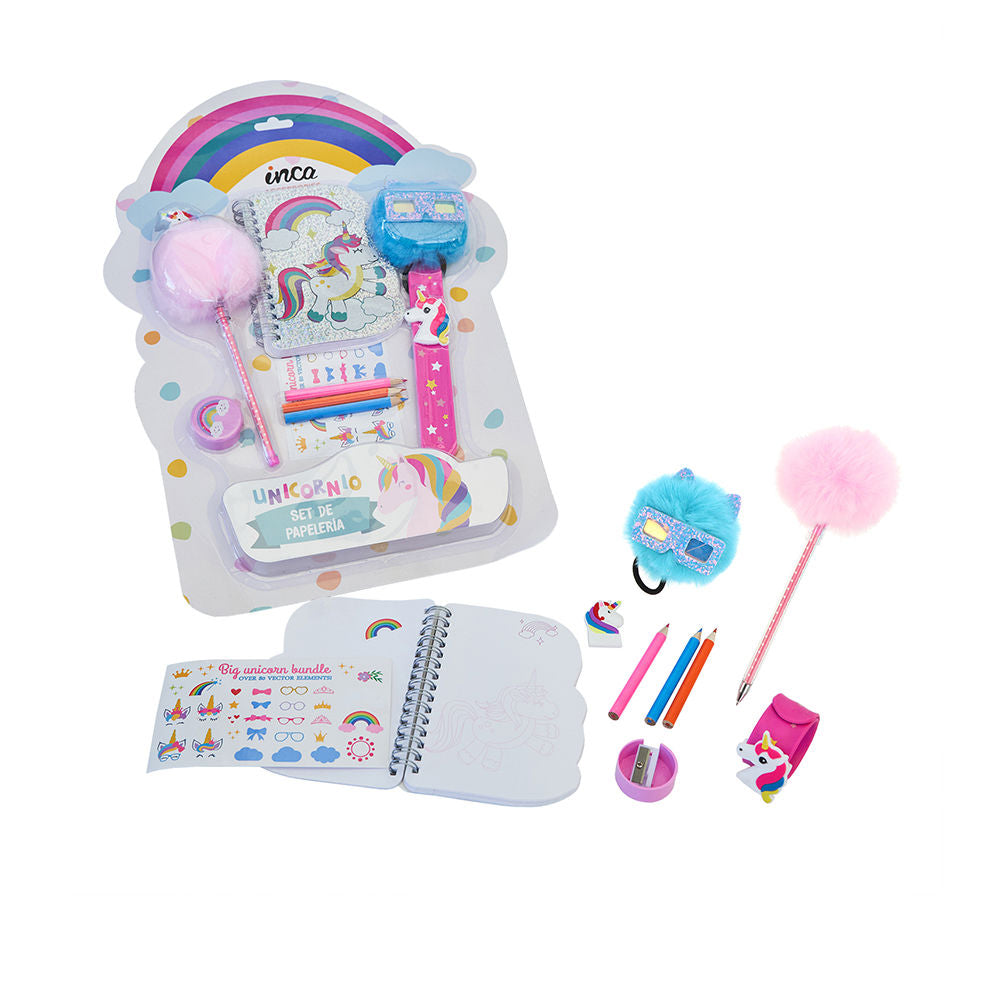 Unicorn-themed 12-piece stationery blister: notepad, stickers, pens, bracelet, sharpener
