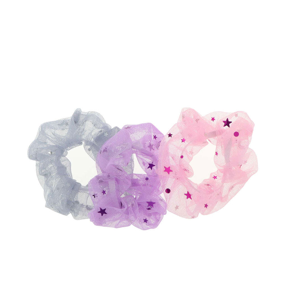 Inca Three mesh tulle scrunchies in gray, purple, pink with star print, decorative playful three-pack from brand