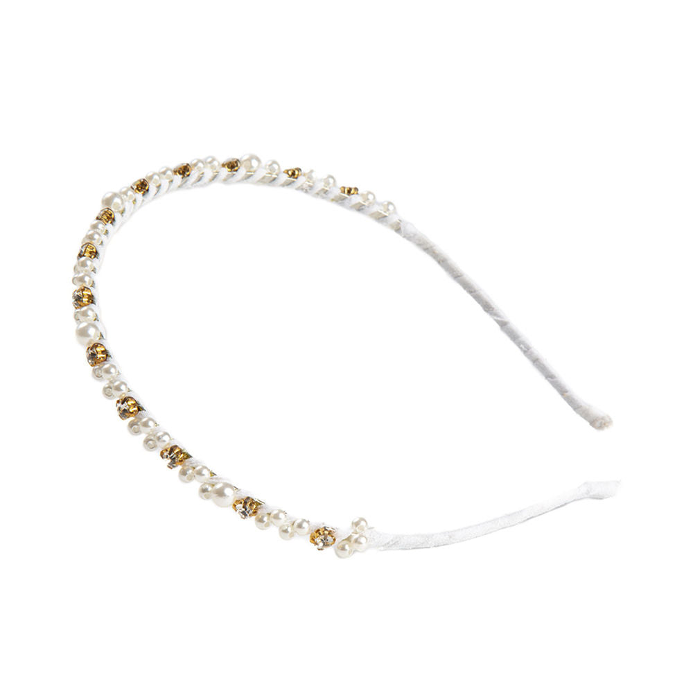 Inca Delicate white and gold baby headband with faux pearls, gold rhinestones and wrapped fabric thin band