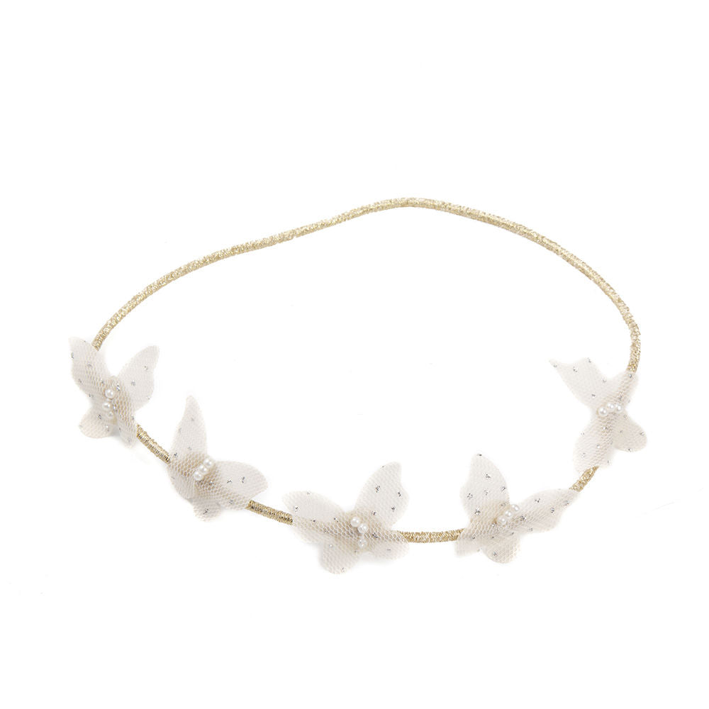Inca White and gold fabric headband with butterfly shapes, pearl accents, glittery gold band, mesh detail