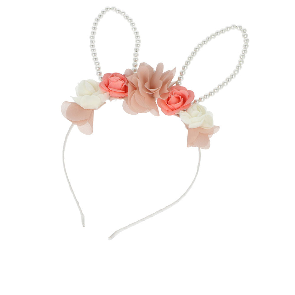 Inca Soft white fabric headband with pink and peach floral decorations and pearl-beaded bunny ears