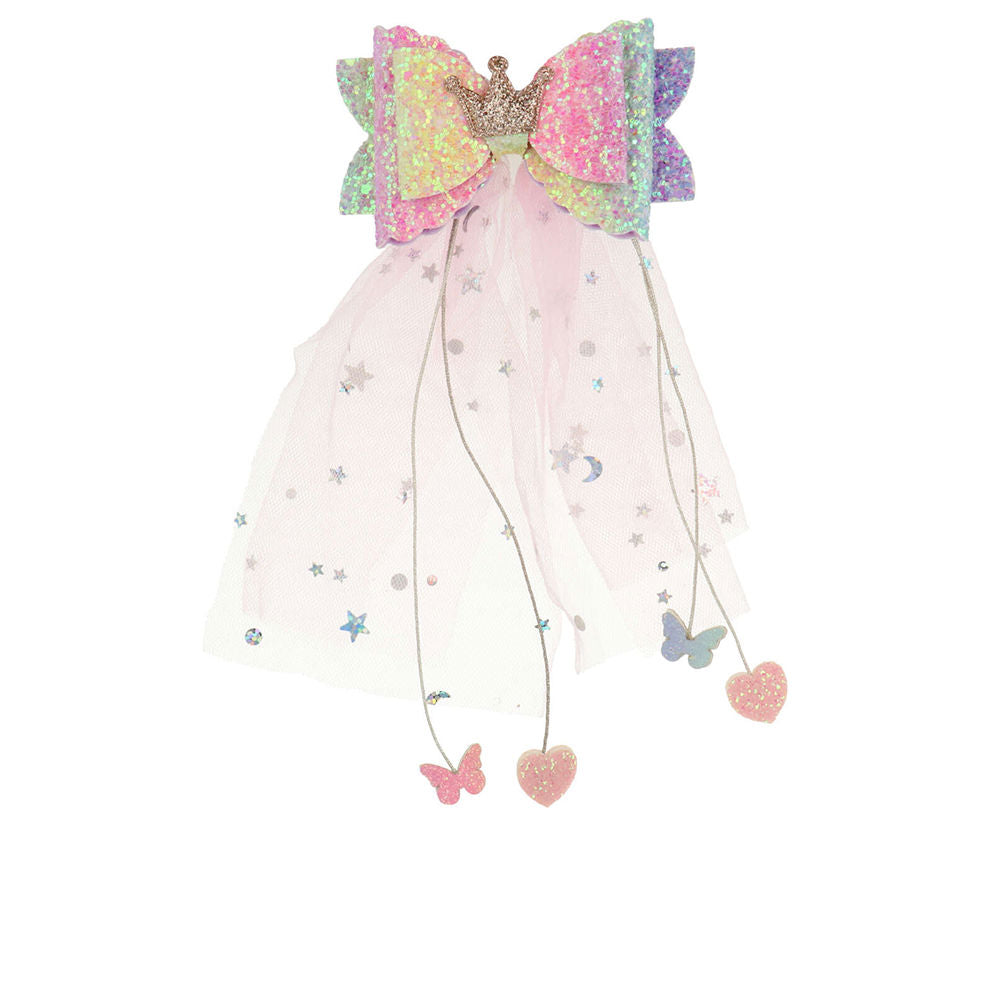 Inca Small crocodile hair clip with glitter bow, tulle star-and-moon strands, dangling butterfly and heart shapes
