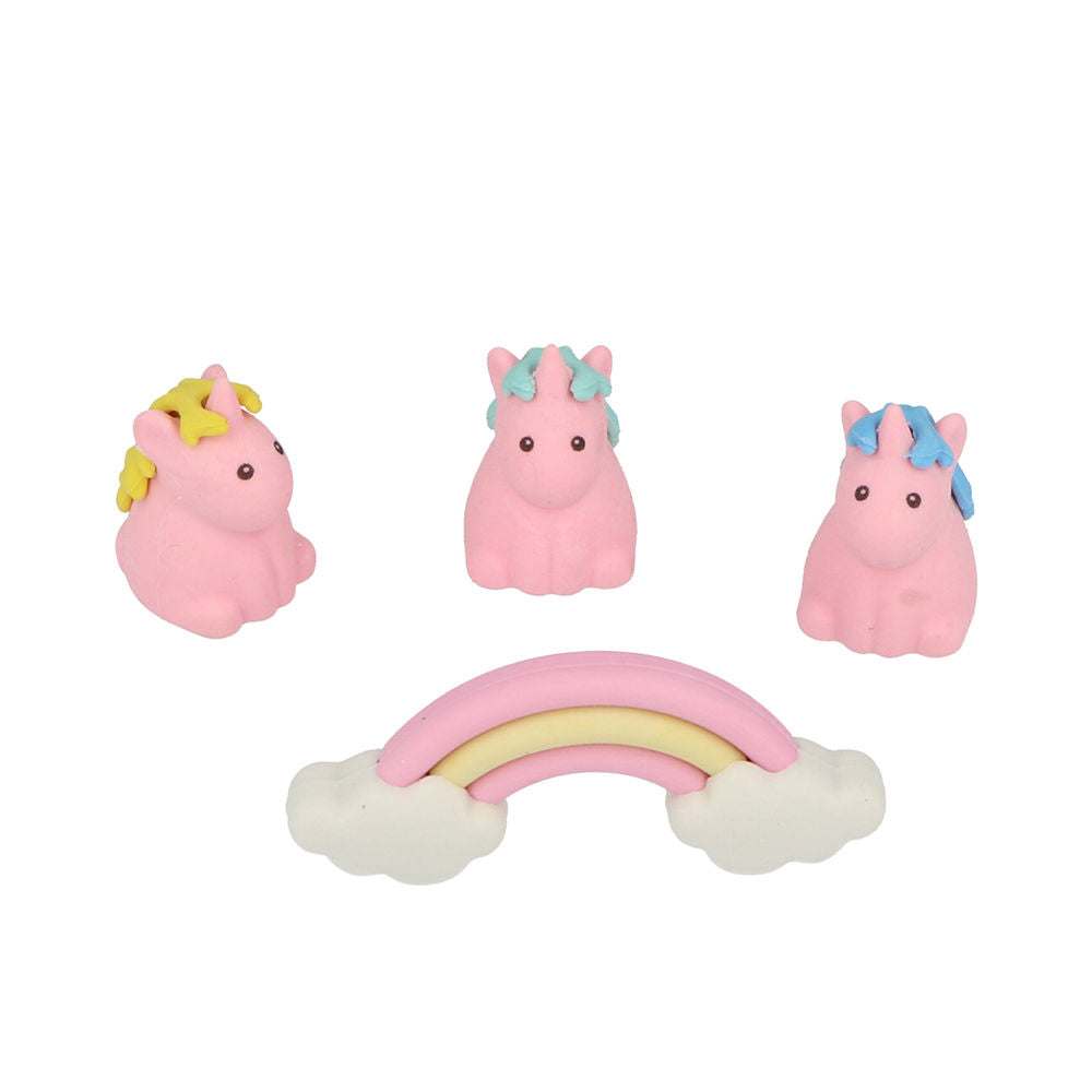 Four-piece set of unicorn and rainbow rubber erasers, colourful novelty shapes