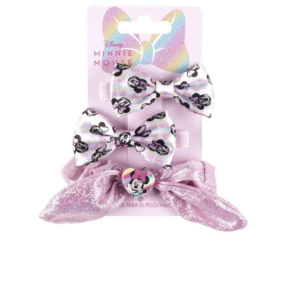Three-piece Minnie hair set: bow scrunchie and two crocodile clips in compact box