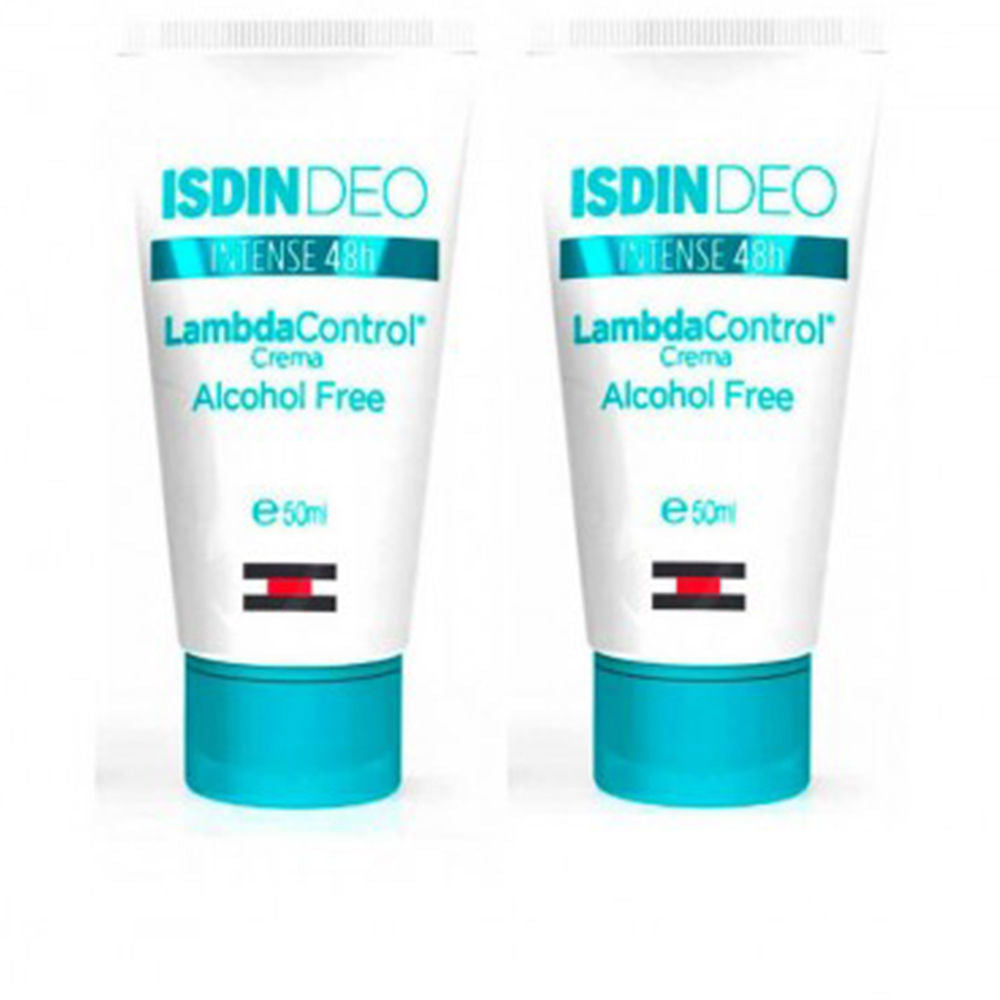 Isdin Two white and blue plastic tubes with flip-top caps, modern clean tube packaging