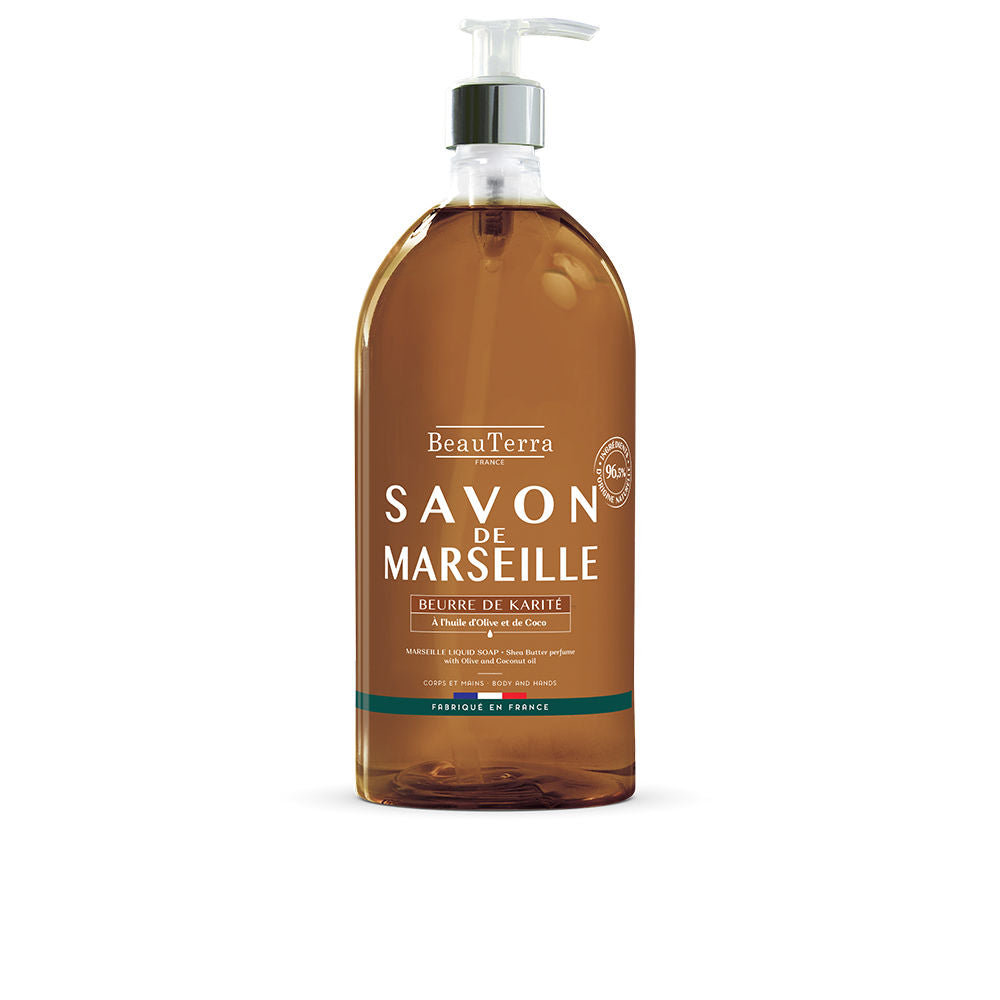 Clear bottle of olive‑infused Marseille liquid soap, 1,000 ml, recyclable packaging
