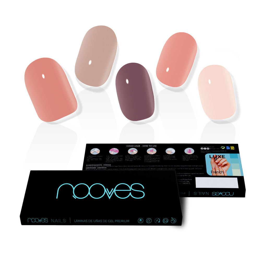 Box of 20 solid-colour pre-cured gel nail strips with applicator tools