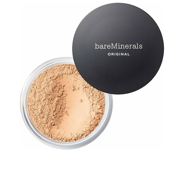 Open jar of loose mineral powder foundation with natural beige tone, 8 g, SPF 15, Unisex
