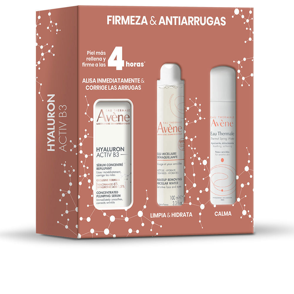 Avène Terracotta cardboard skincare set with molecular pattern, three visible serum bottles in product windows