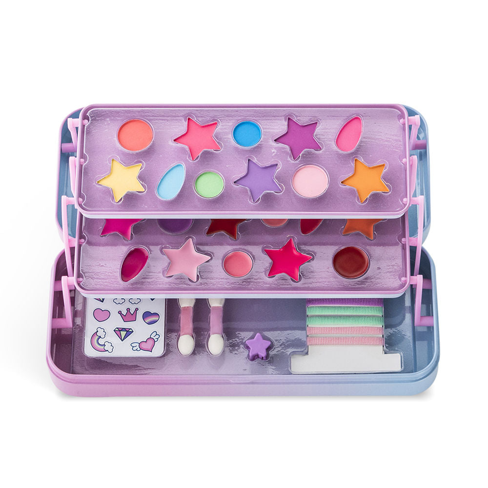 Three-tier metal unicorn tin with colourful pigments and small lip gloss pot, Unisex child set