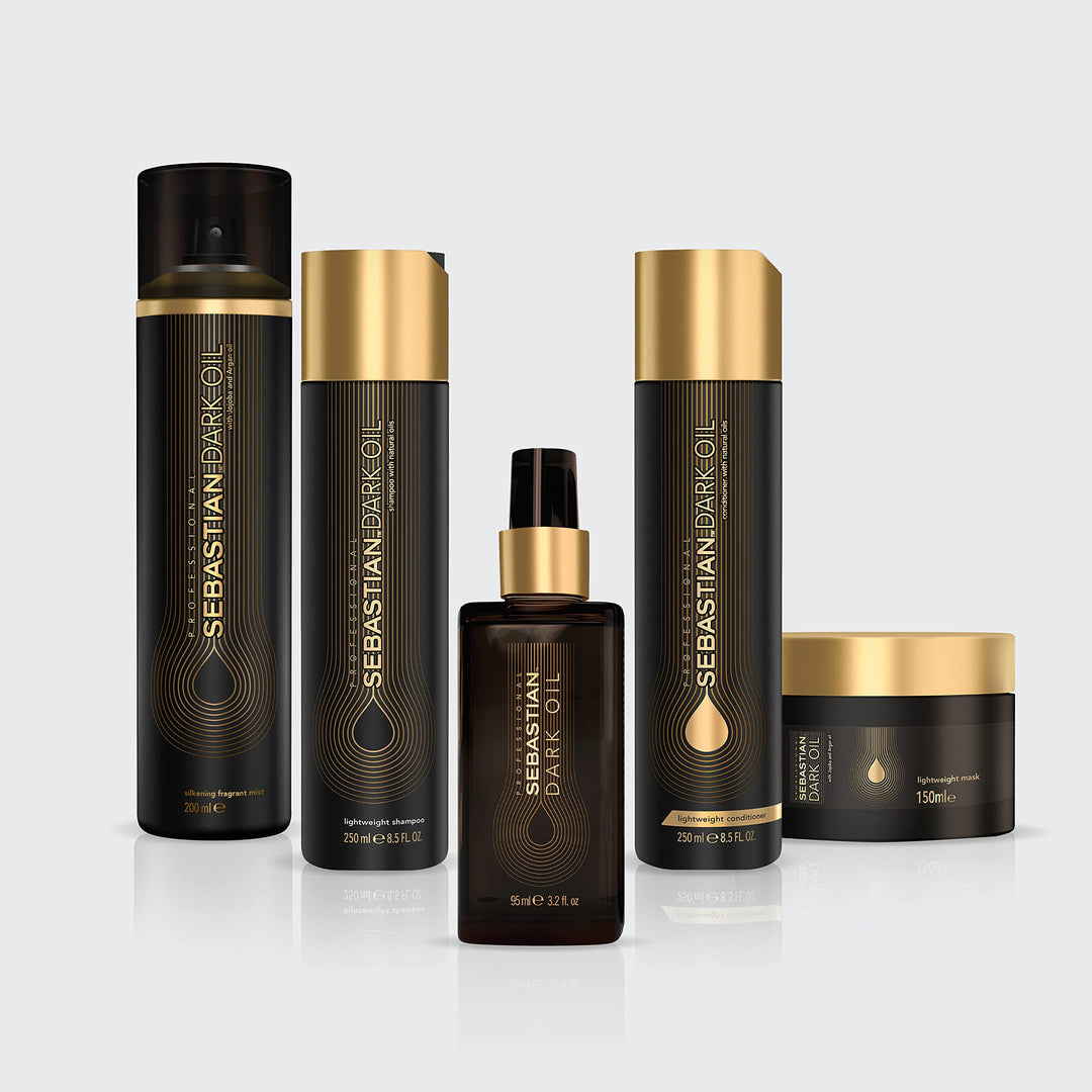 95 ml clear bottle of lightweight argan and sandalwood hair oil with pump dispenser