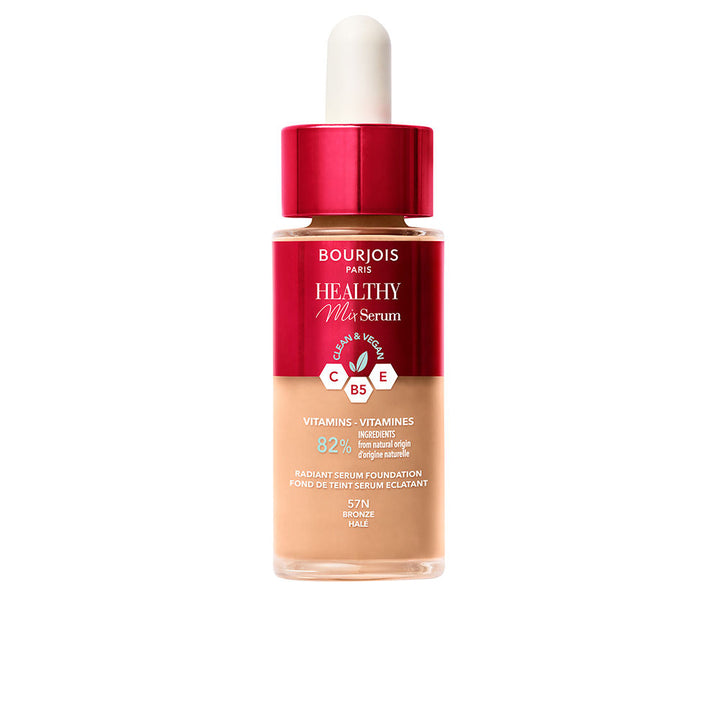 30 ml serum-tint foundation in bronze shade, pump bottle, dewy finish