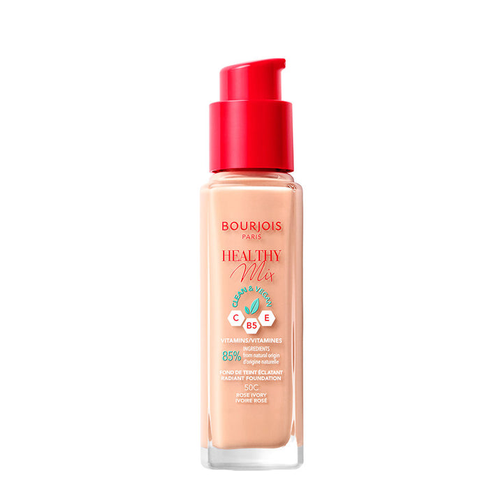 30 ml pump bottle of Healthy Mix Clean vegan foundation, shade 50C Rose Ivory