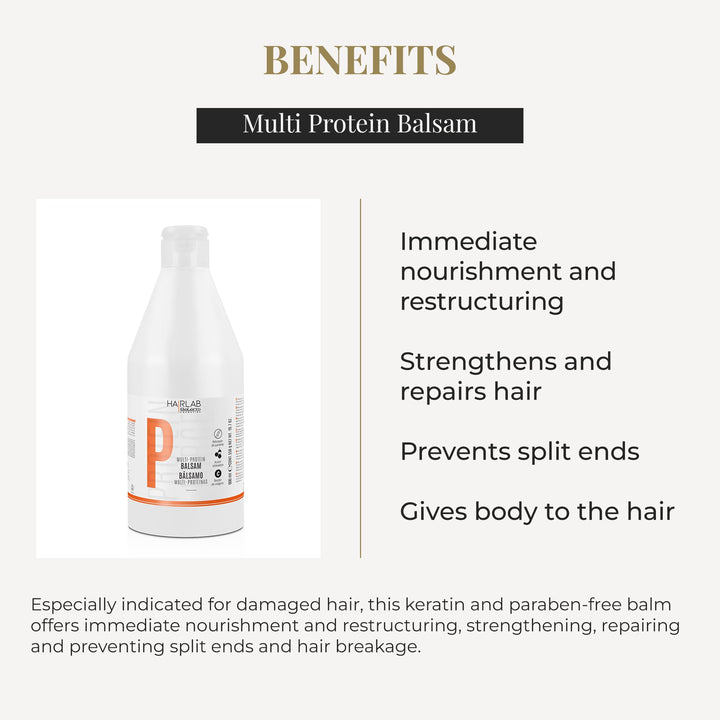 600 ml tube of multi-protein strengthening hair balm for damaged hair, neutral cream texture