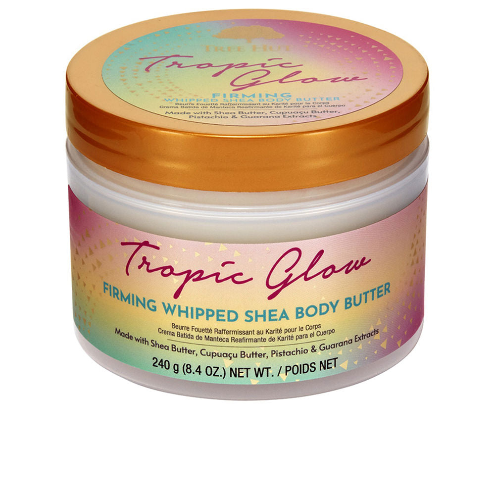 Tree Hut Round plastic body butter container with gold, pink, turquoise gradient, screw-on lid, geometric label