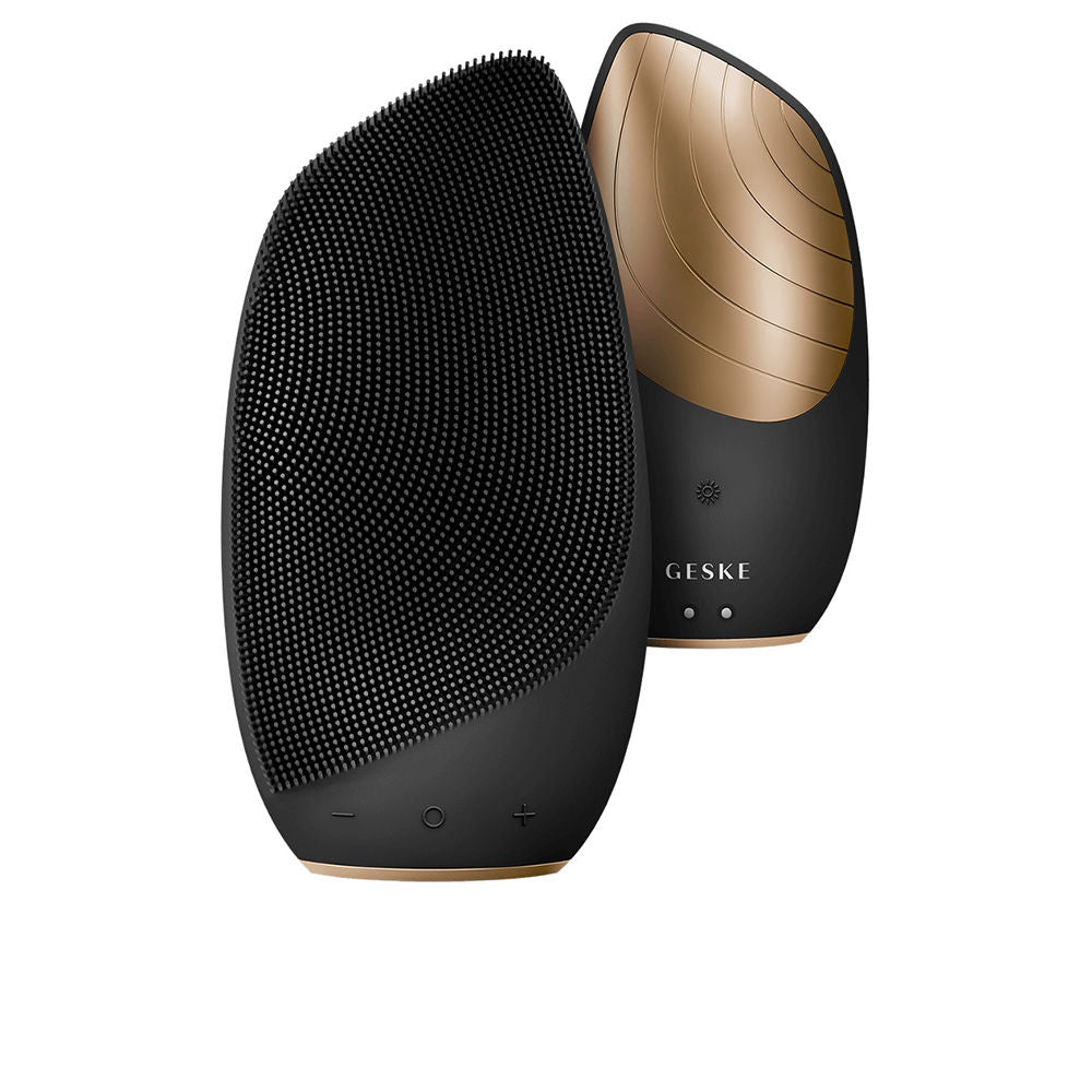 Black sonic thermo facial brush with silicone head and smartphone app guidance