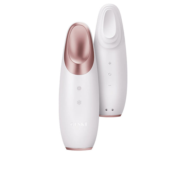 White smart eye device with app-guided screen, compact handheld design
