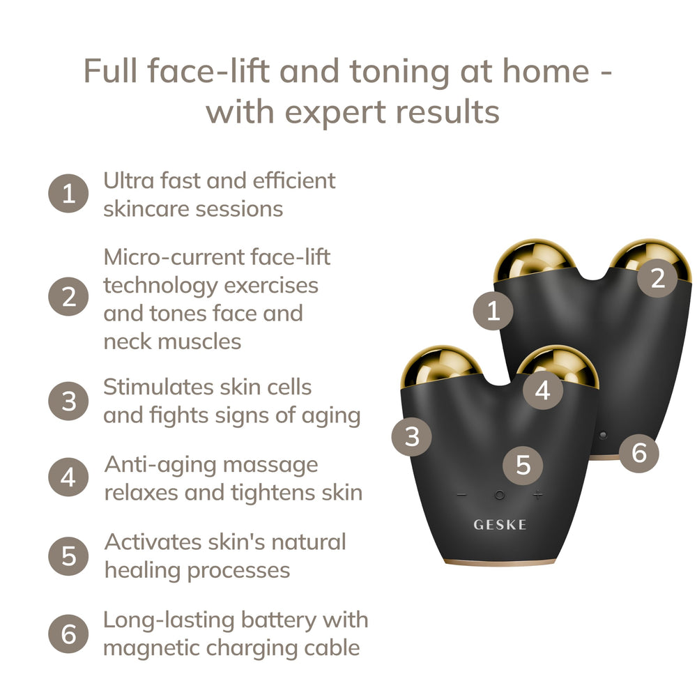 Black 6‑in‑1 microcurrent face‑lift pen with contour spheres and SmartApp guidance
