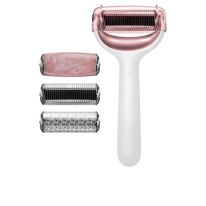 White 8-in-1 micro-needle roller with interchangeable heads, travel-friendly design