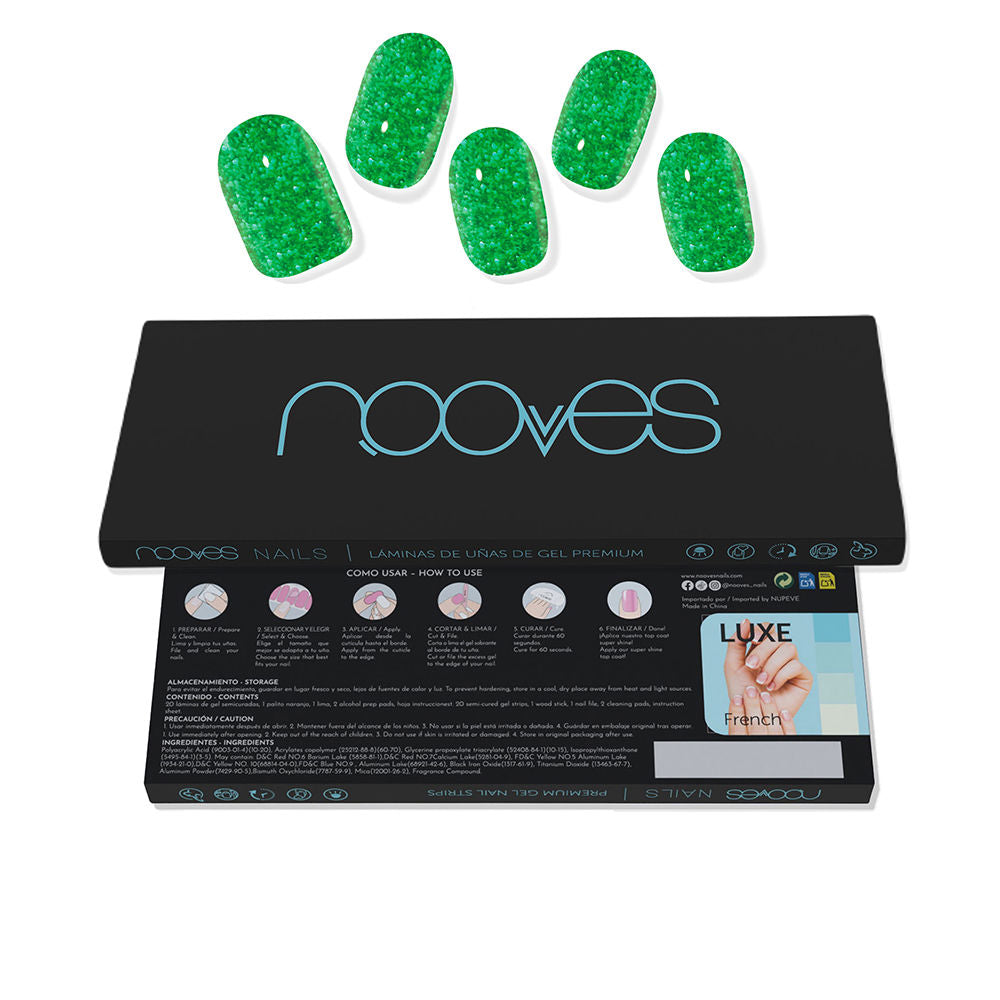 Sheet of jade green glitter pre-cured gel nail strips, 20-piece set