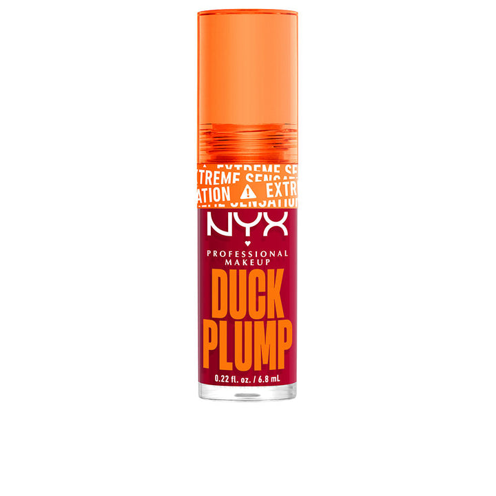 Gloss tube with doe-foot wand; warm red glossy lip swatch, 6.8 ml