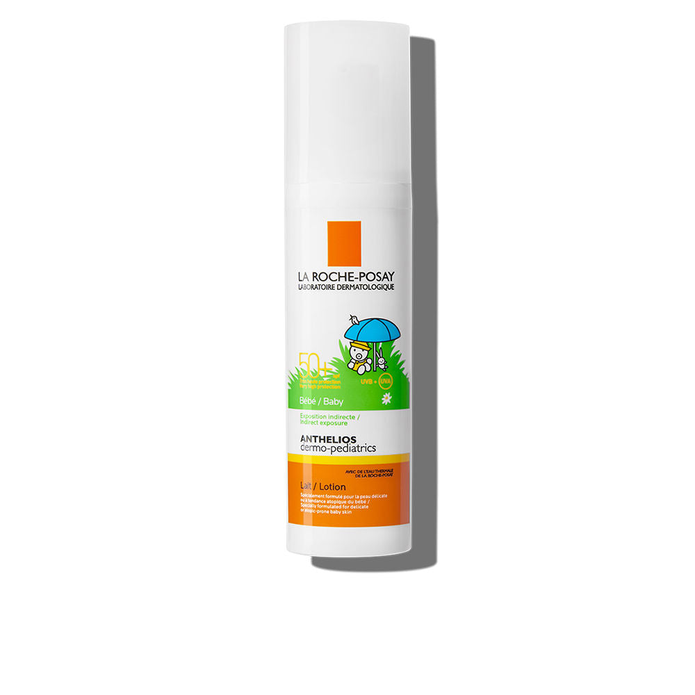 Lotion bottle in white plastic with orange, green and blue accents, pump dispenser, baby-under-umbrella illustration, la Roche Posay