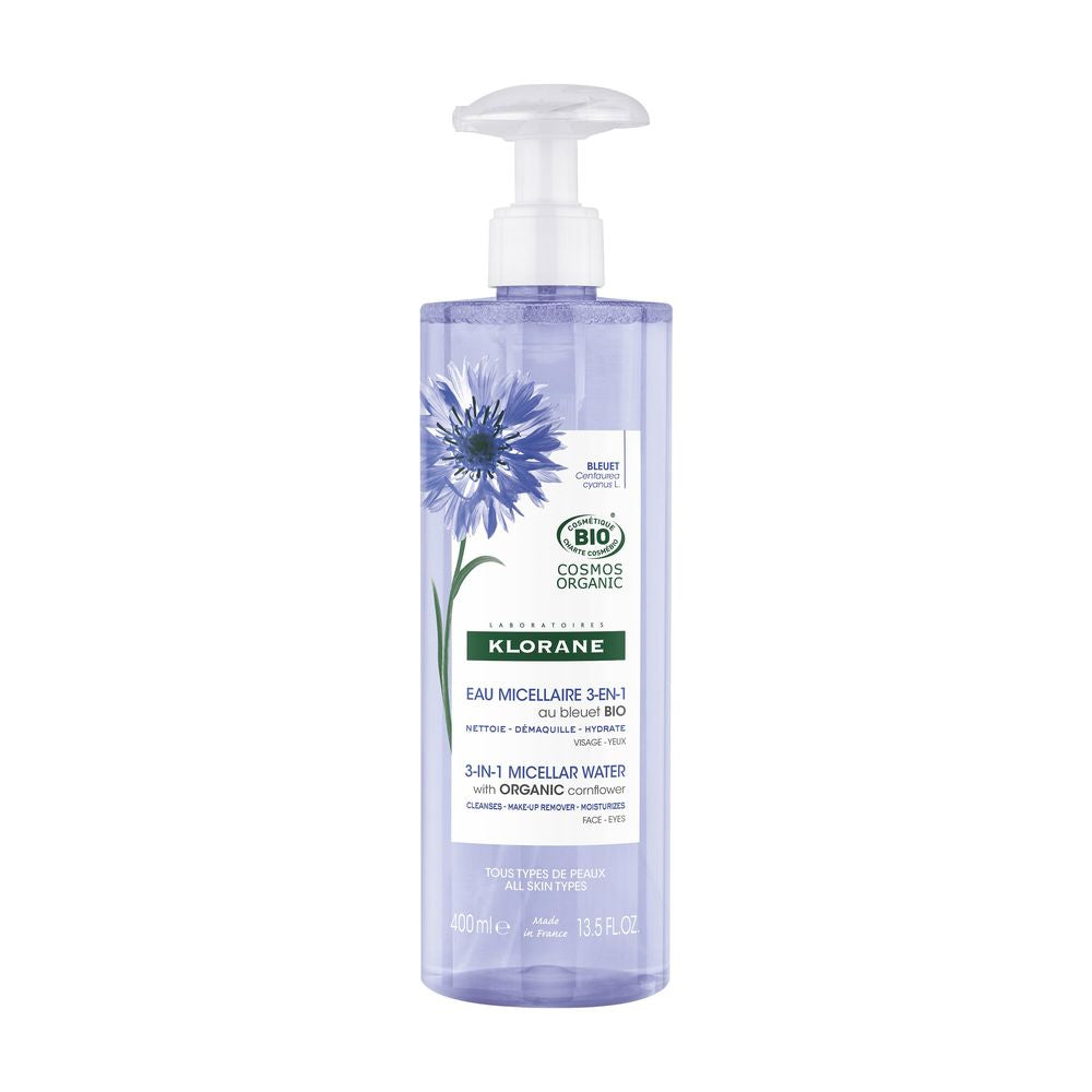 400 ml bottle of cornflower micellar cleansing water with pump dispenser