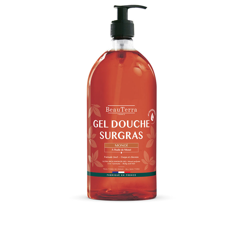 Bottle of Beauterra Monoi shower gel for body and hair, soap-free, natural formula