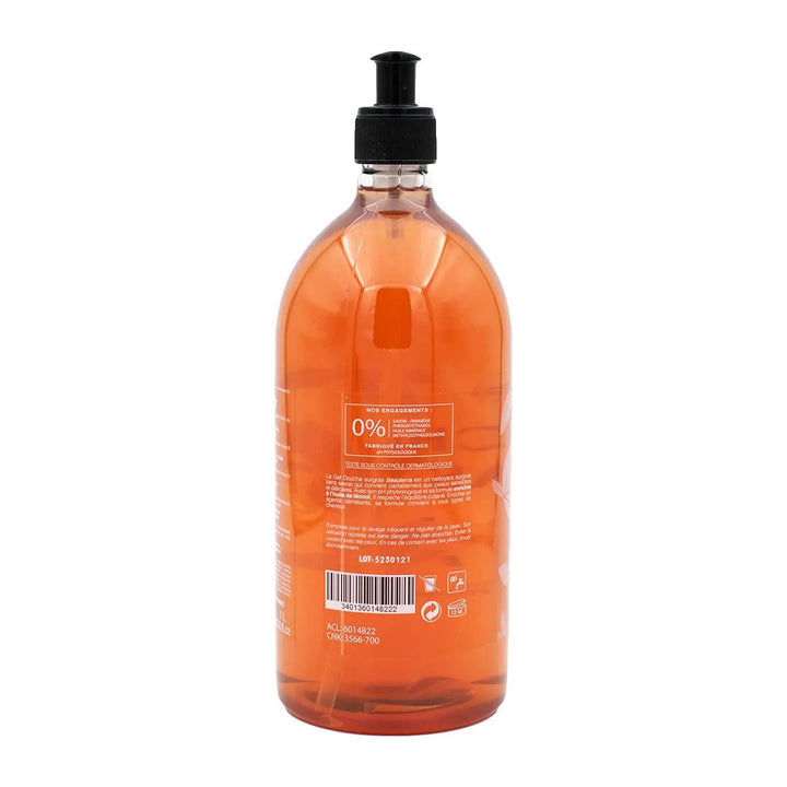 Bottle of Beauterra Monoi shower gel for body and hair, soap-free, natural formula