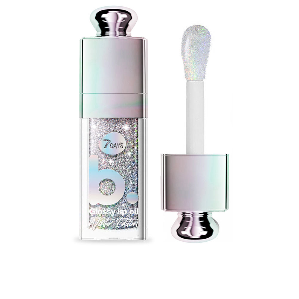 Small 9 g holographic lip oil tube, glossy translucent pink sheen