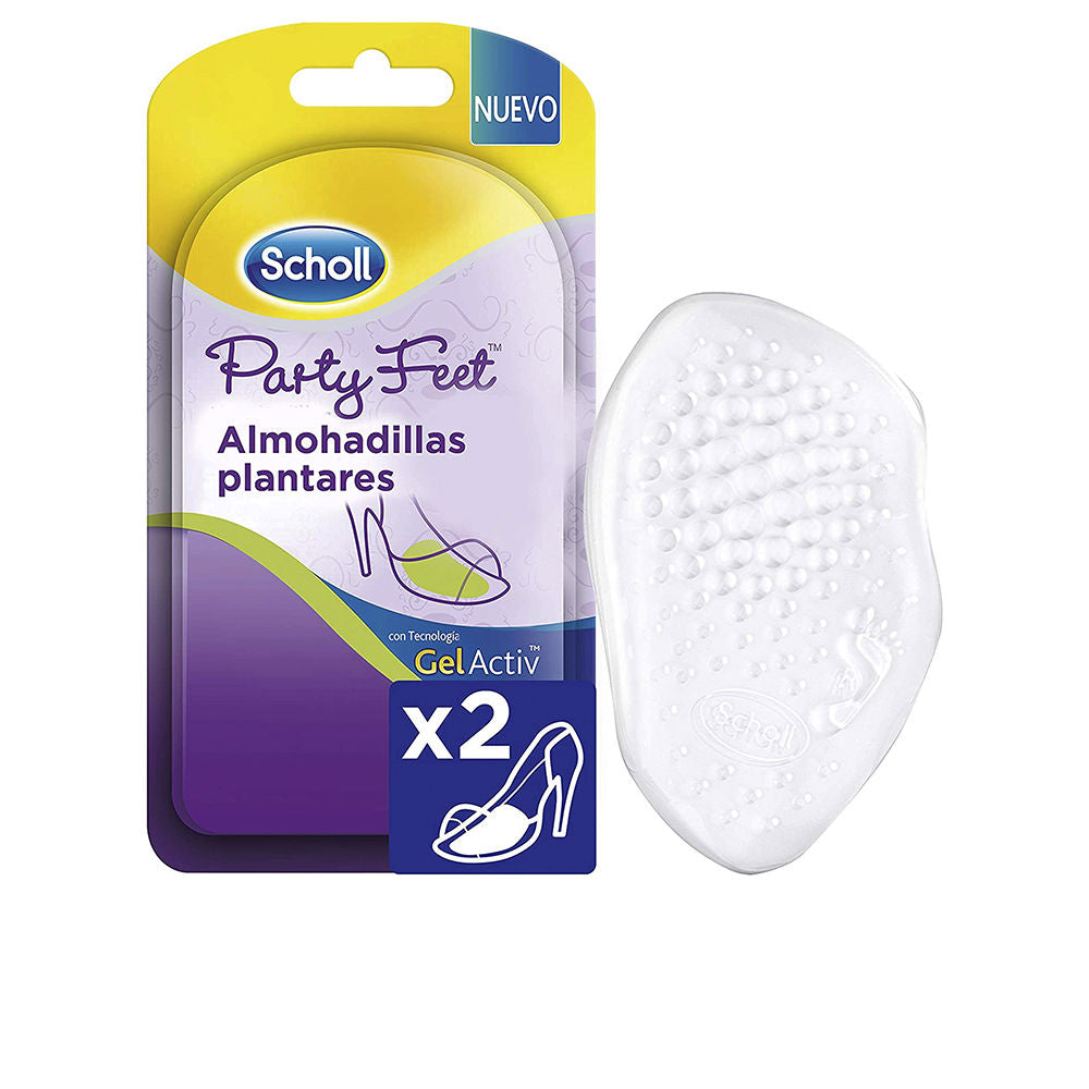 Clear thin gel foot pads inside a shoe, cushioned oval shape with textured anti-slip surface, Scholl