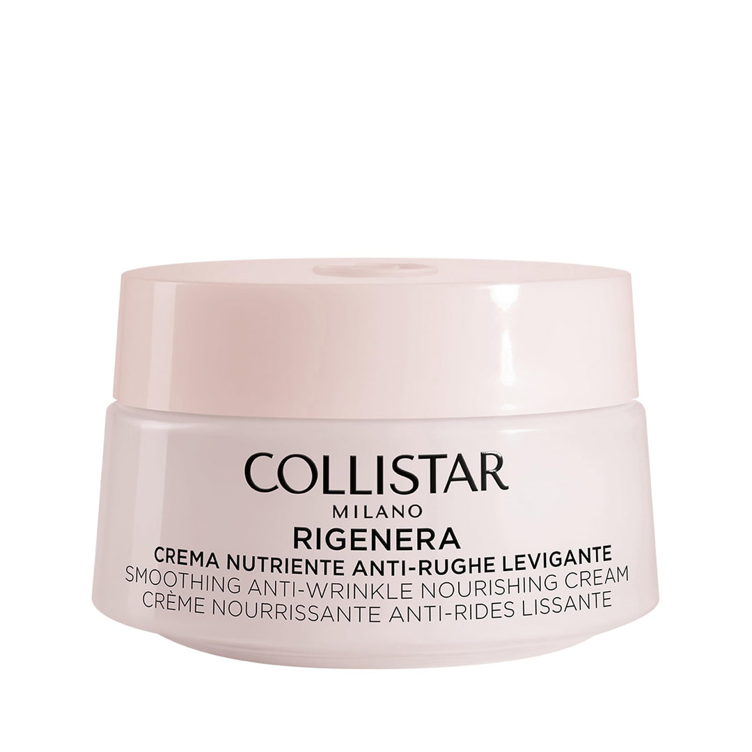 Collistar Silky anti-wrinkle cream in a rounded glass jar with matte lid, soft beige cream visible