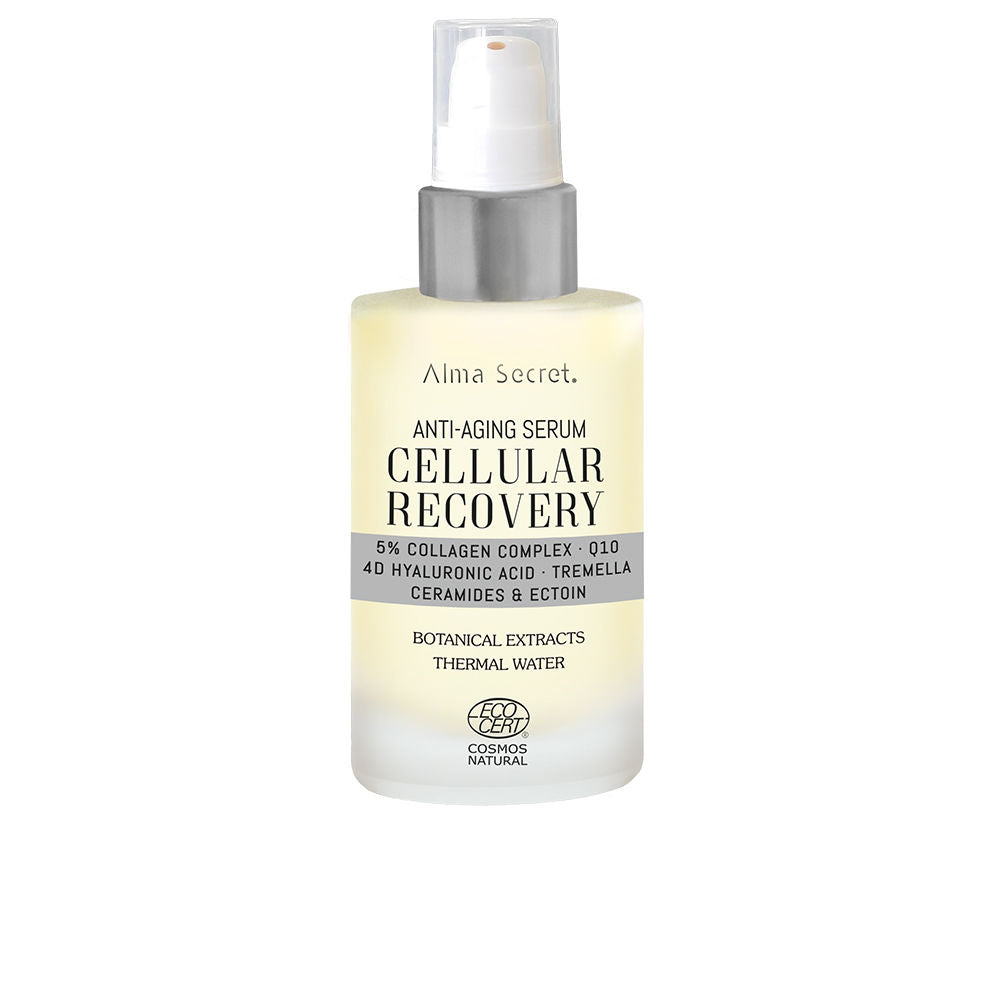 Alma Secret Frosted glass serum bottle with pump, clear plastic cap, silver and black printed label