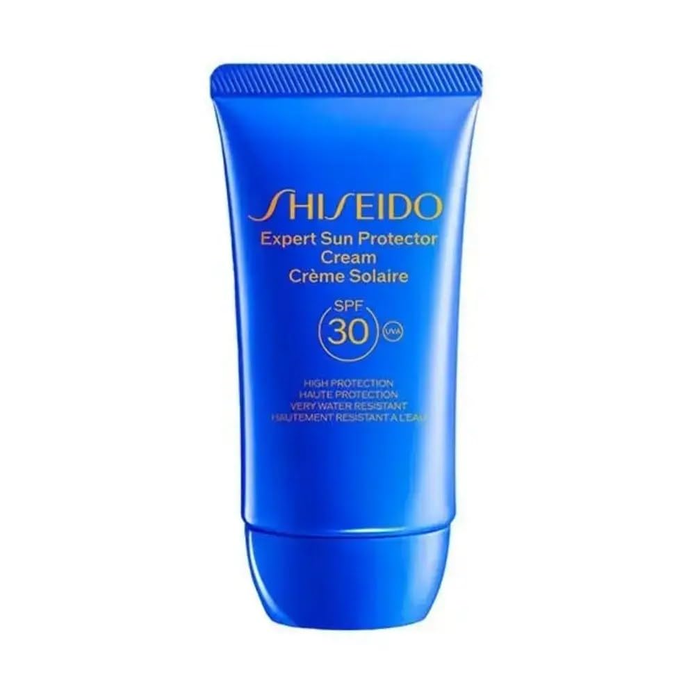 Lightweight Shiseido sunscreen cream jar labeled SPF 30, minimalist packaging