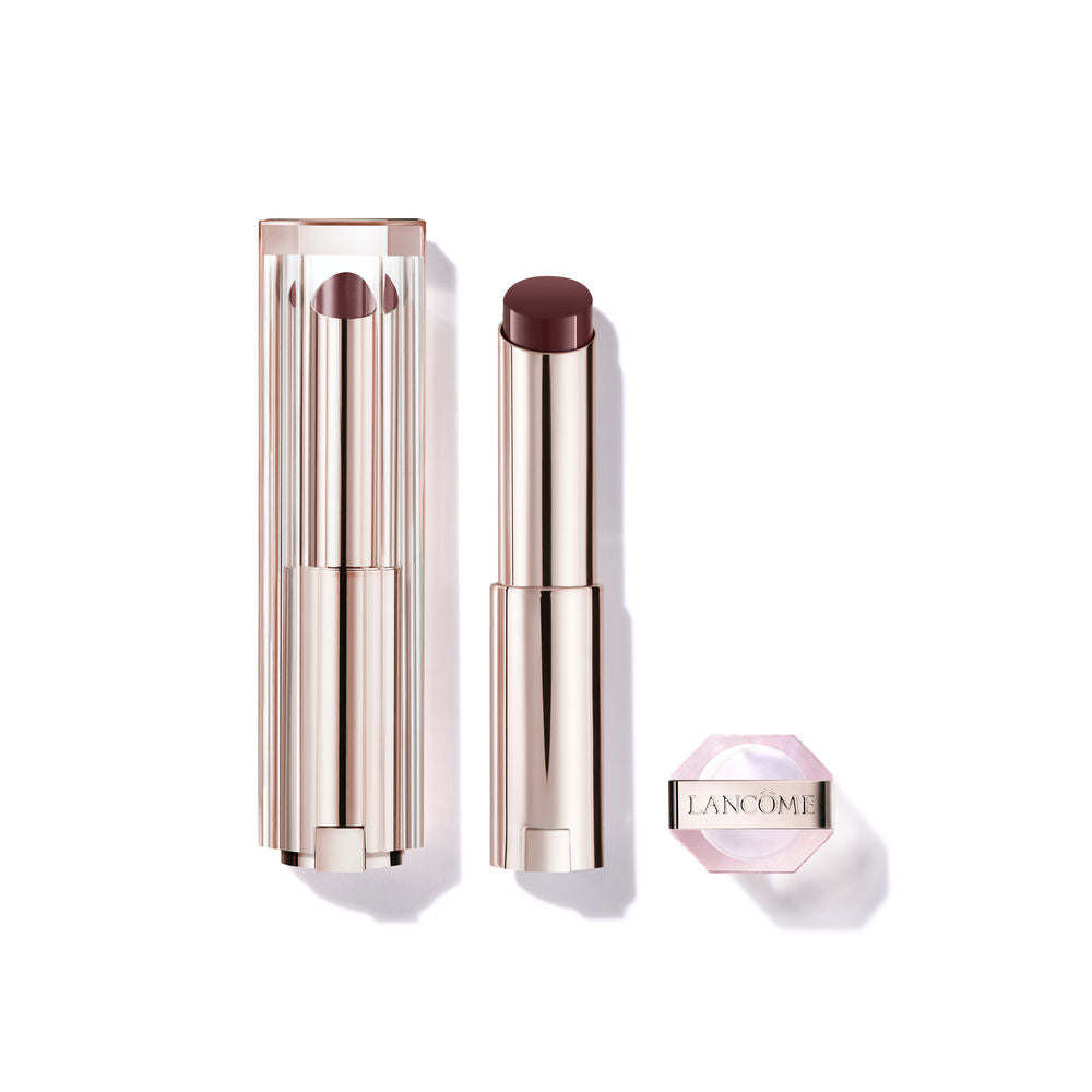 Sleek bullet lip balm in warm brown shade, lightweight glossy finish