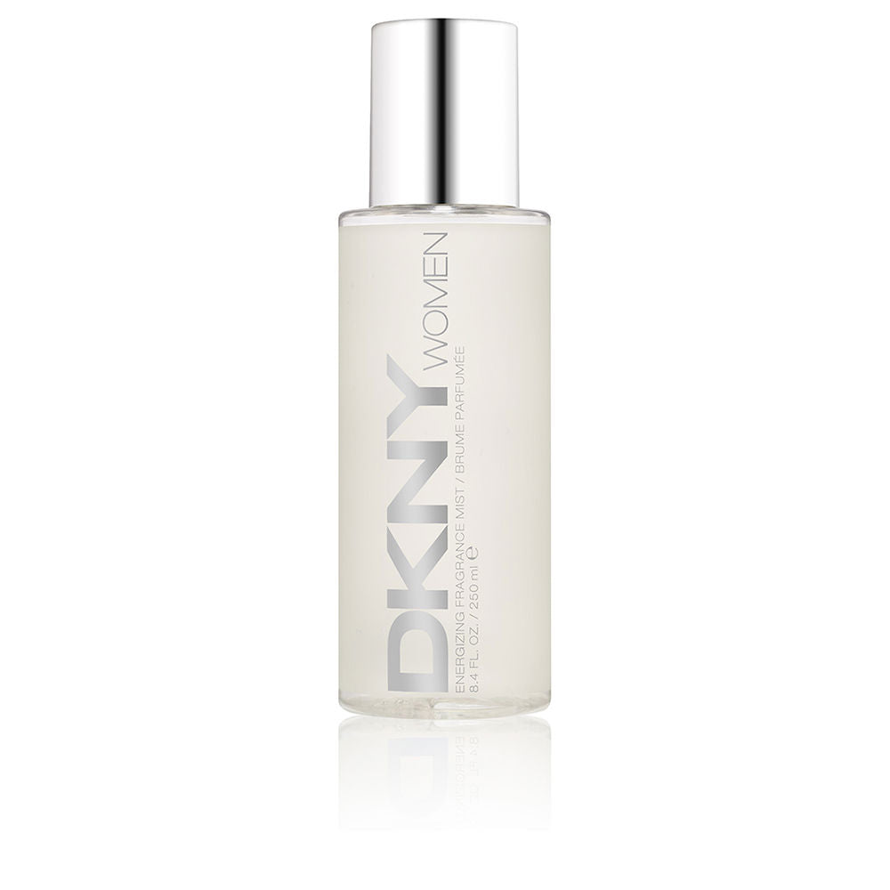 Donna Karan Clear cylindrical fragrance mist bottle with transparent liquid and silver metallic cap, vertical label