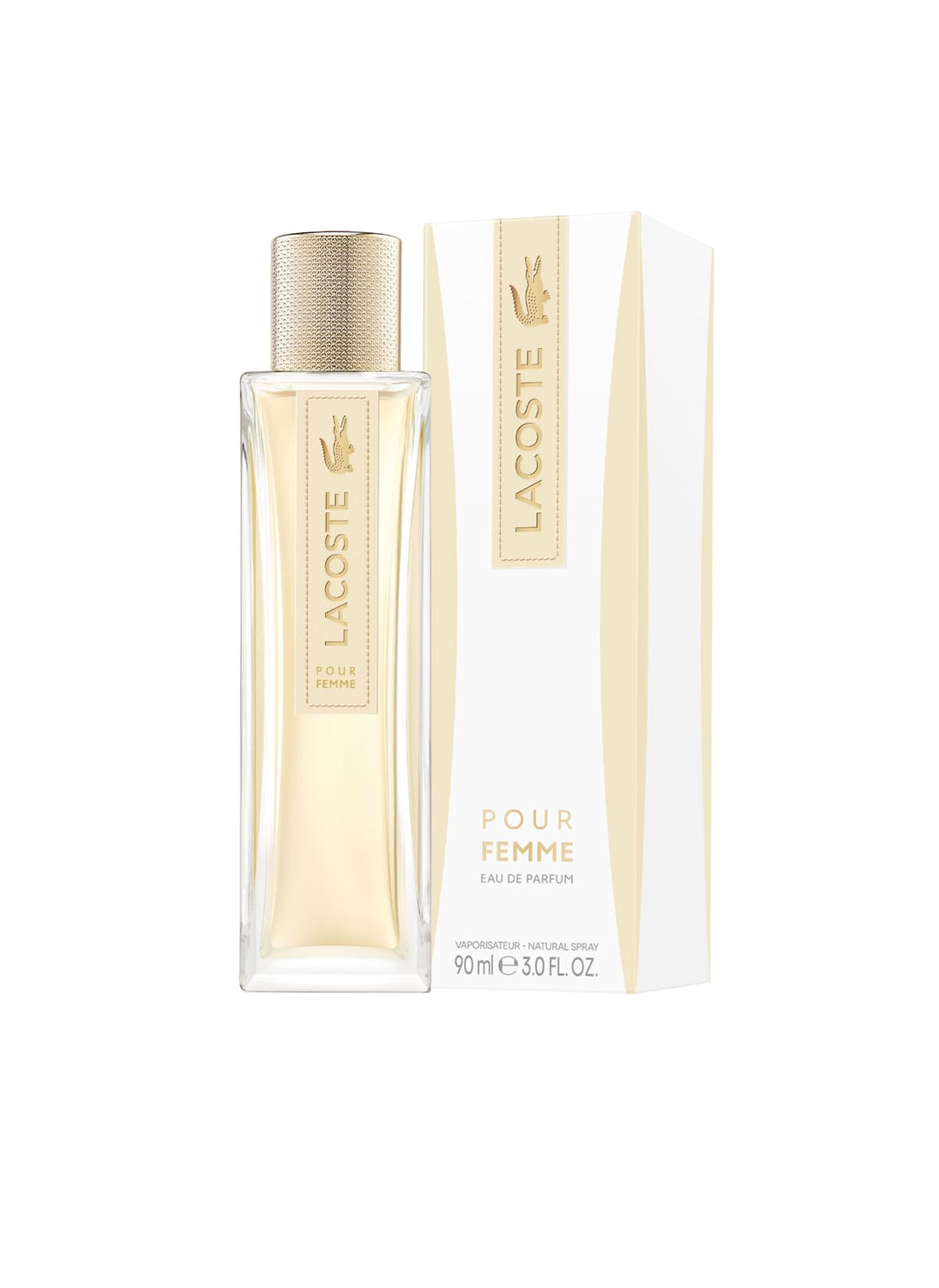 Elegant Lacoste Pour Femme perfume bottle against a soft neutral backdrop