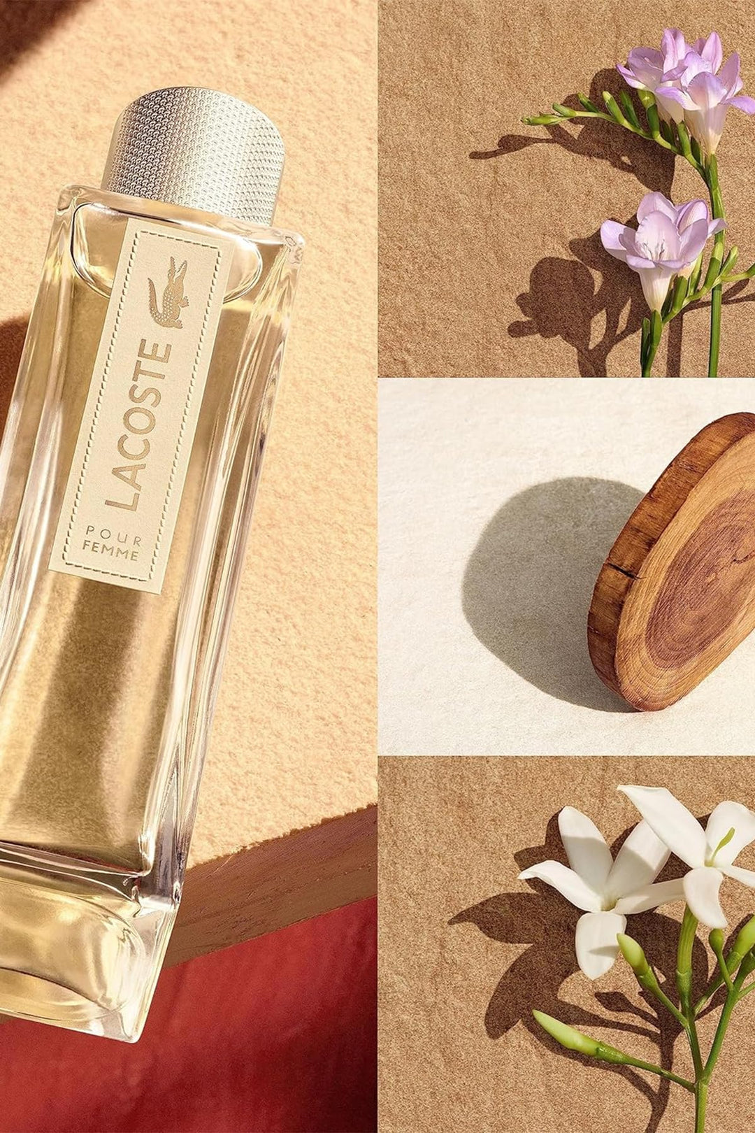 Elegant Lacoste Pour Femme perfume bottle against a soft neutral backdrop