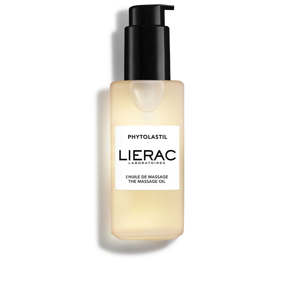 Lierac Frosted rectangular plastic massage oil bottle with pump, light beige liquid, white label with black text