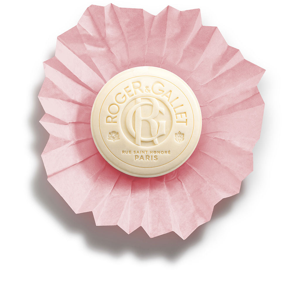 Roger & Gallet Cream and pink round soap with embossed text, fluted paper wrapper and centered logo design, .