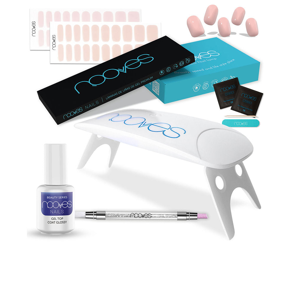 Nooves modern nail care kit with white UV lamp, glass top coat, multicolor files and pink artificial nails